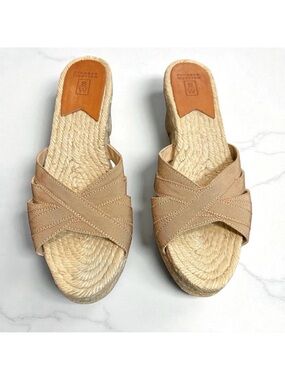 Stubbs & Wootton Beige Ribbon Espadrille Wedge Slide Sandals